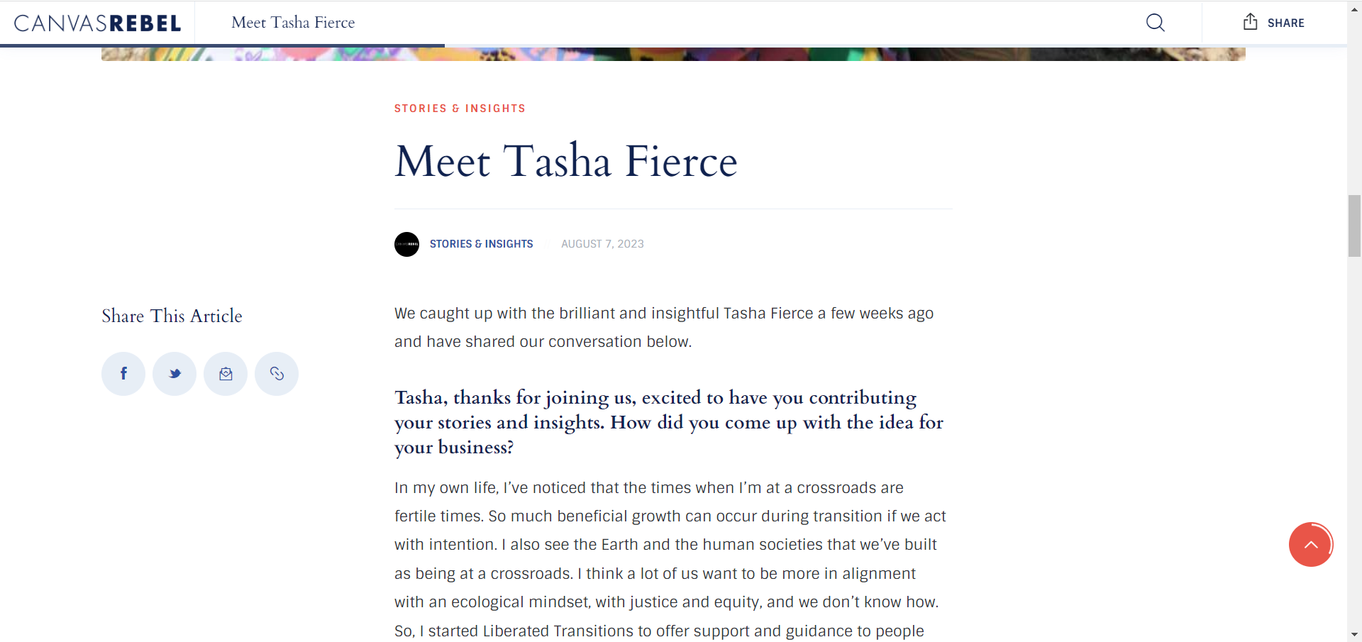 A screencap of an article from CanvasRebel titled, "Meet Tasha Fierce."